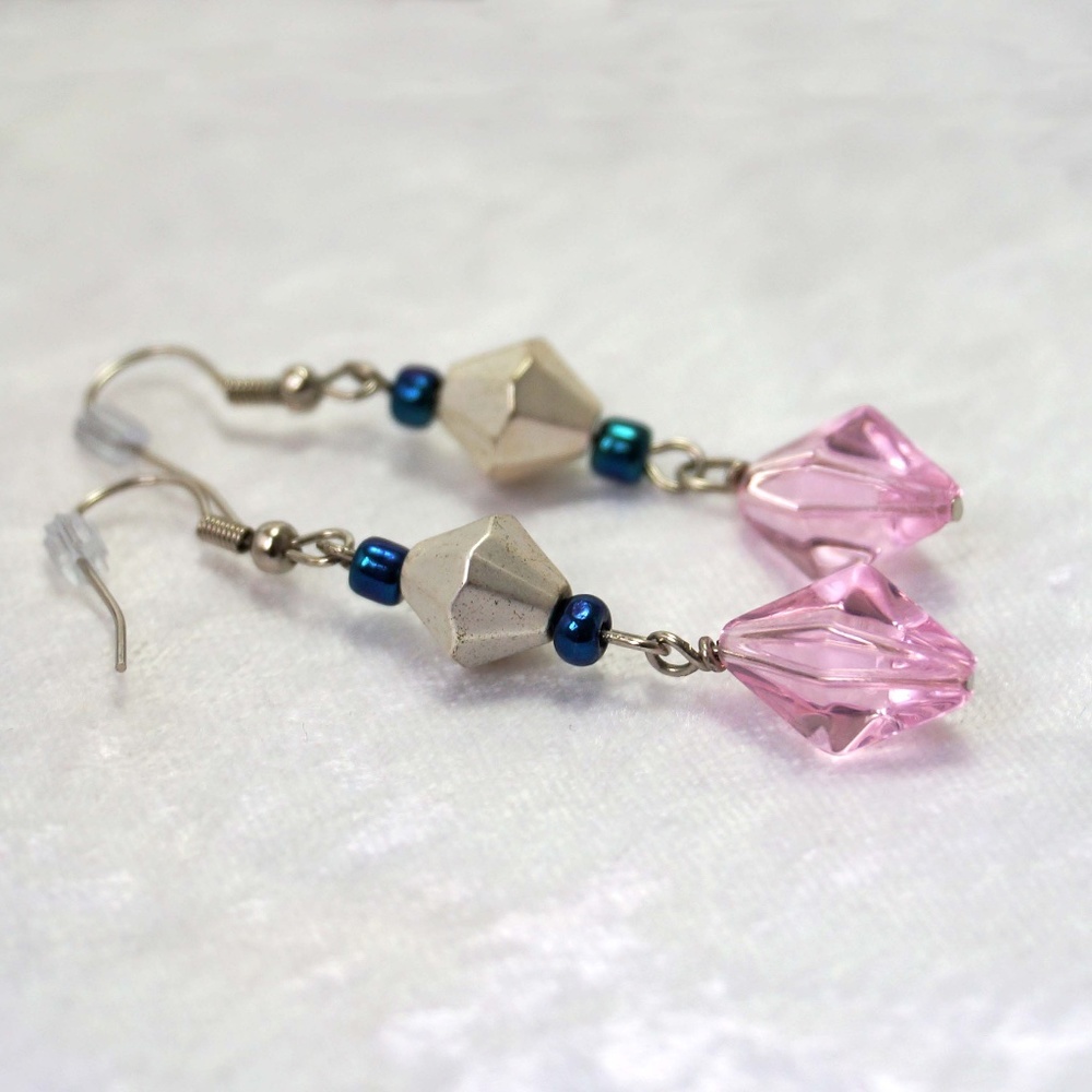 Silver and Pink Bicone Earrings